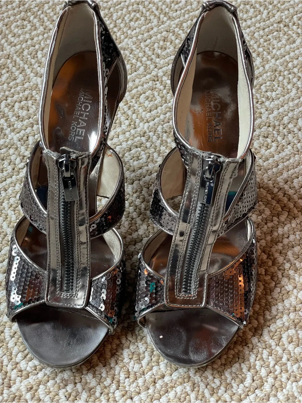 Michael Kors Berkley Sequin T-Strap Heels - Gunmetal Silver Size 9